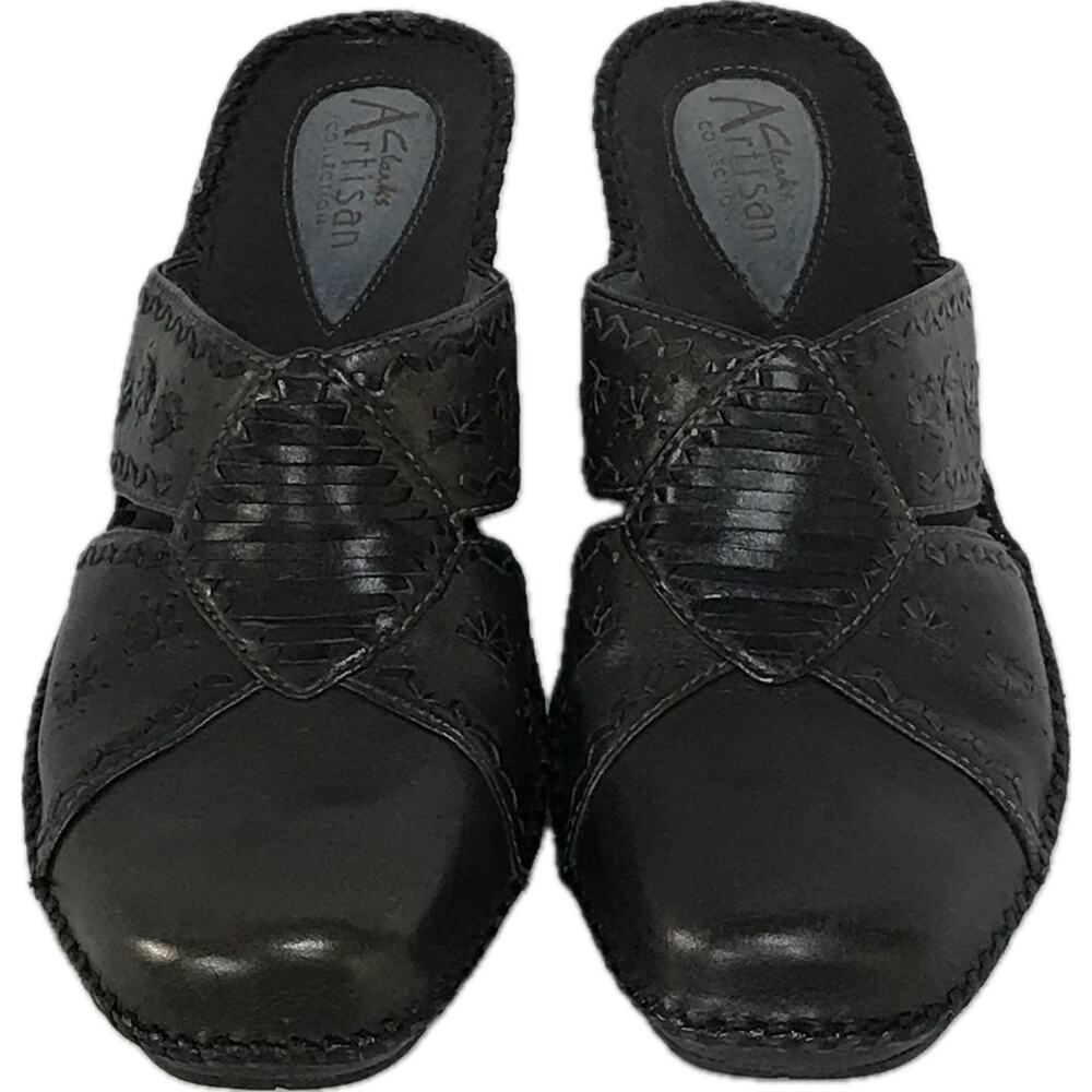 Clarks Artisan Dark Gray Leather Slip On Comfort Heeled Wedge Mule Shoe Women 8 - Picture 2 of 8
